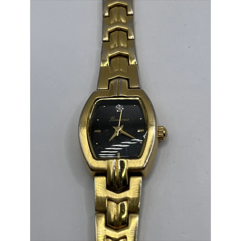 Beauvais‎ Diamond Women's Quartz Watch Gold Band Black Dial- New Battery